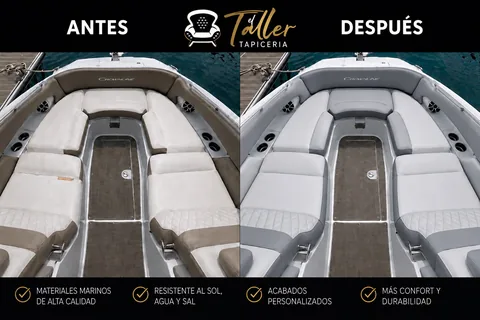 Antes y después del tapizado completo de una lancha Crownline, de tela beige envejecida a piel náutica gris