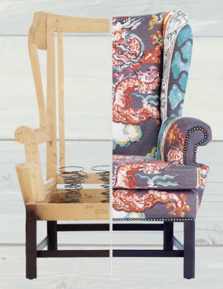 Sillón orejero retapizado a mano con tela estampada multicolor en el taller